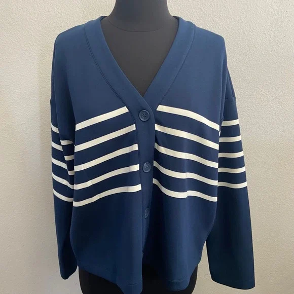 SPANX Women's L AirEssentials Cardigan Stripe Navy White Button Front V Neck NEW - Picture 2 of 9